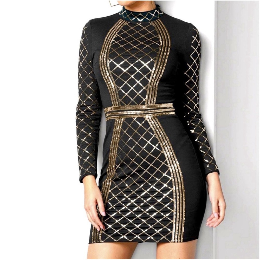 Black And‎ Gold Sequin Mini Bodycon Dress Night Out Party Glam Size 8 NWOT